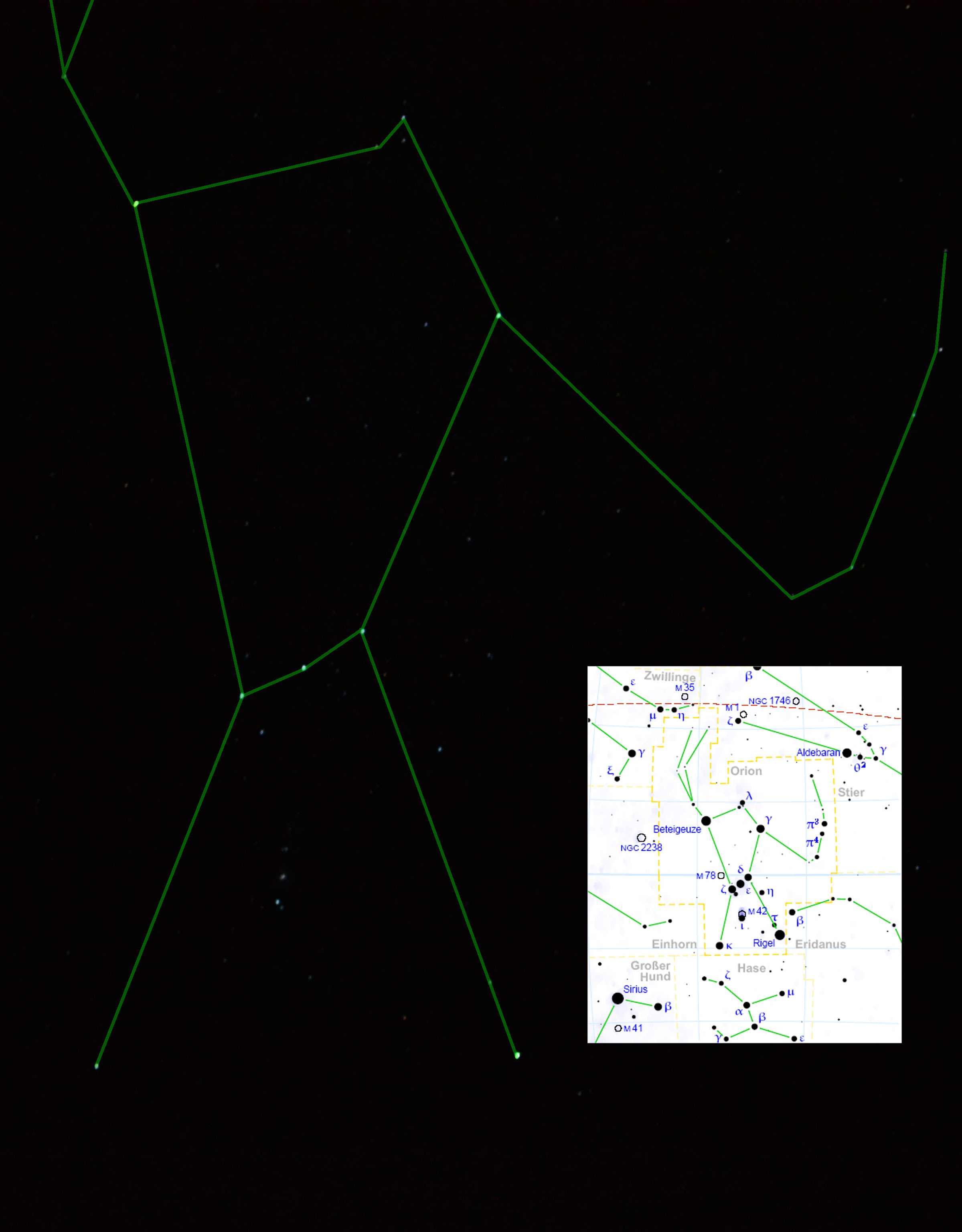 Foto von Orion mit Sternkarte & Sternbild